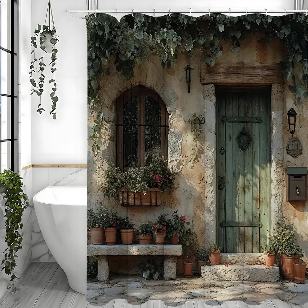 Italian Street Scenery Potted Plant Shower Curtain, Bathroom Decorative Shower Curtain, Waterproof Shower Curtain with Hooks