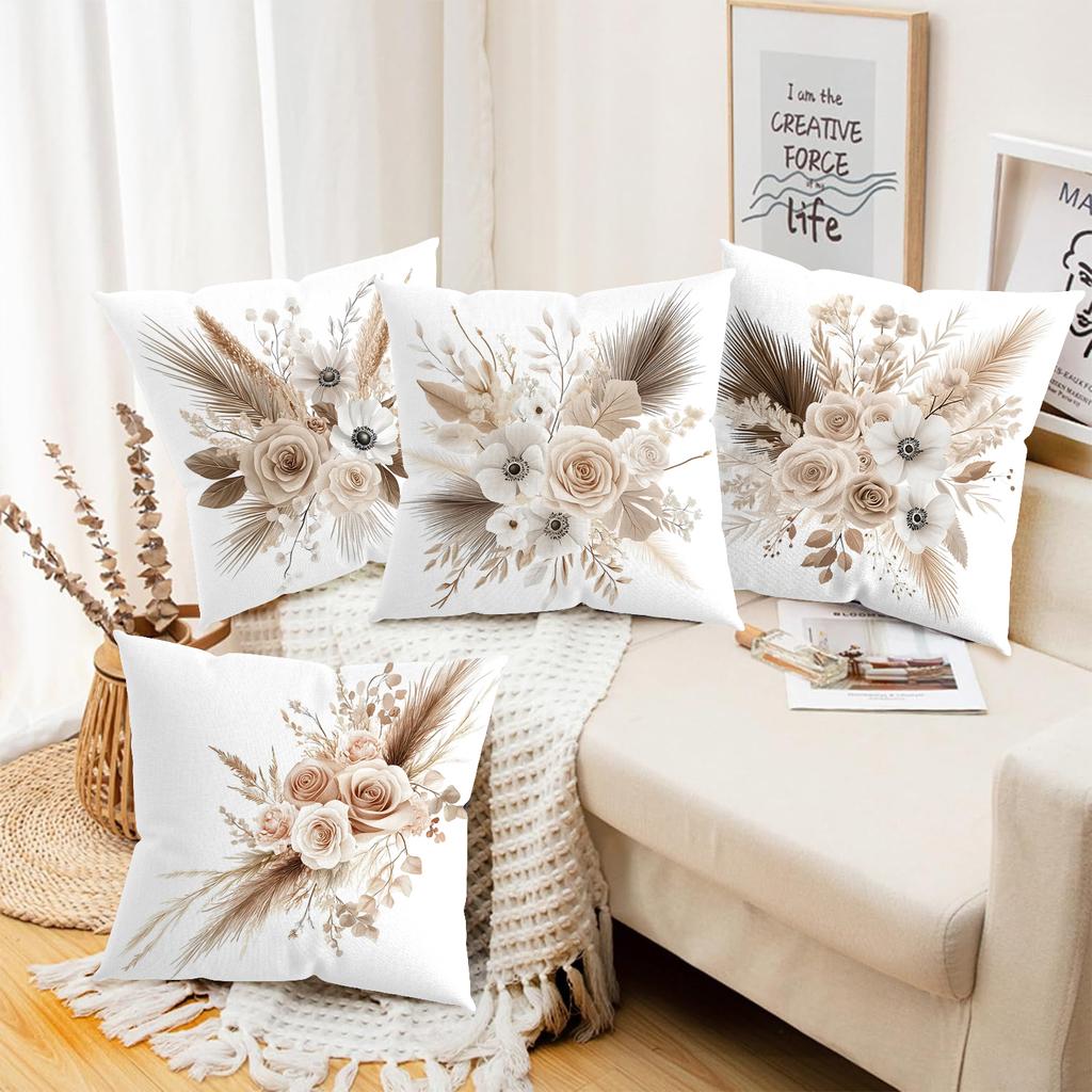 Beige Floral Patterned Cushions for Home Decor Polyester Pillowcase, Sofa Decorative Cushion Cov Headboard Pillow