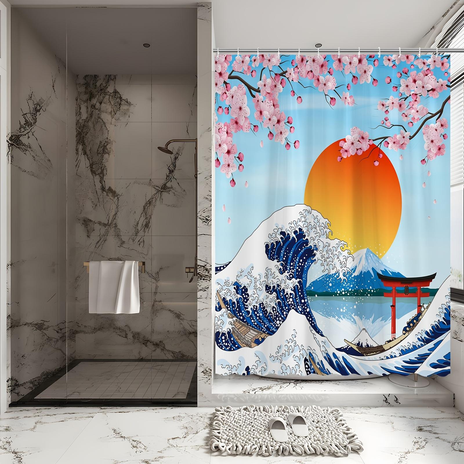 

Japanese Art Bath Curtain - Cherry Blossoms, Great Wave, Mount Fuji; Waterproof Home Decor Adds Cultural Charm to Bathroom. W90XH180cm
