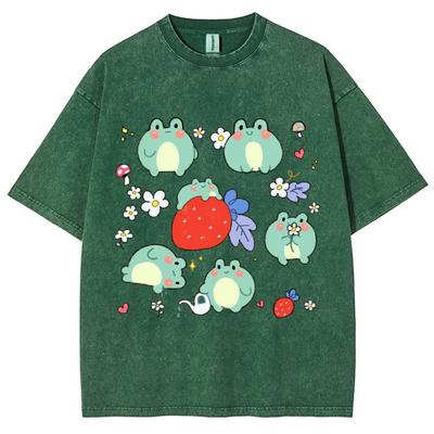 Unisex Cute Frog Print T-Shirt,Women's Trend Campus Outfit, Retro Washed T-Shirt, Crew Neck Top, Hip Hop Loose Short Sleeve,2024