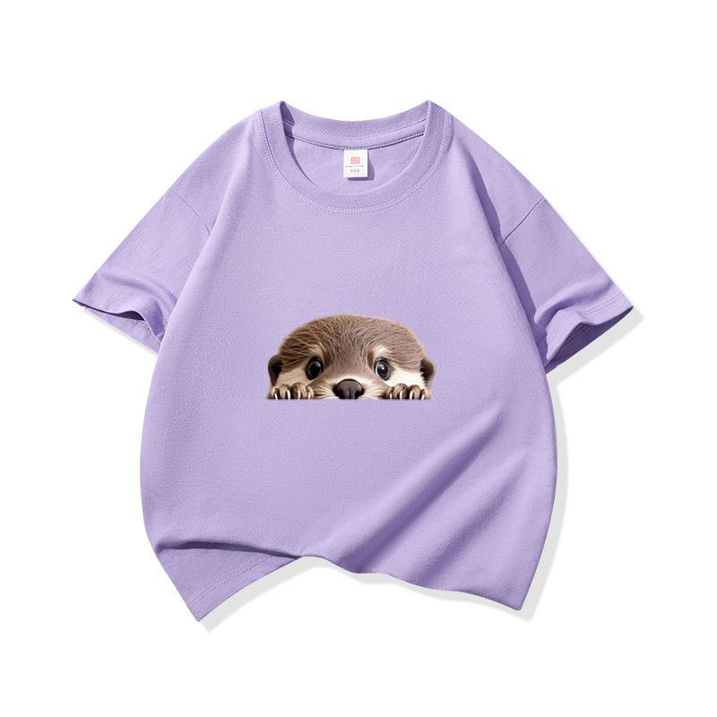 Kinder Baumwoll-T-Shirt Niedlicher Peekender Otter Aufdruck Rundhalsausschnitt Kurzarm T-Shirt Lässig Atmungsaktiv Jungen Mädchen Sommer Oberteile