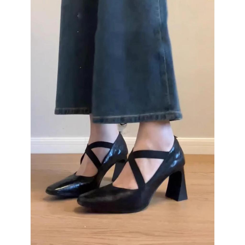 Maillard style premium design cross elastic high heel single shoes light mouth small leather shoes