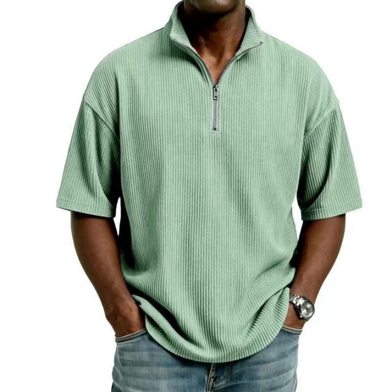 Men S Summer Corduroy Stand Collar Short Sleeve Loose Casual Shirt S зелёный