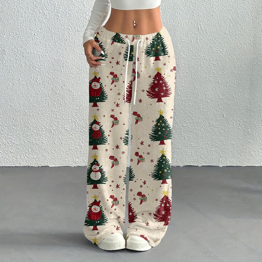 Women's Casual Fashion Printed Elastic Waist Loose Straight Leg Pants With Rope