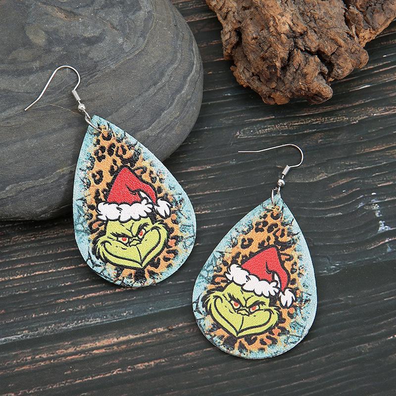 

European and American Christmas Grinch Double-sided Leopard Print Leather Earrings