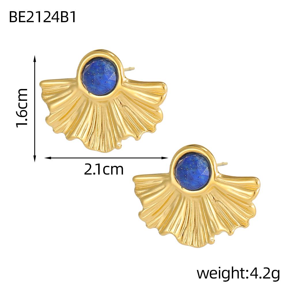 

CARLIDANA Gold Plated Leaves Shape Natural Crystal Stone Round Cabochon-set Stainless Steel Stud Earrings for Women Men