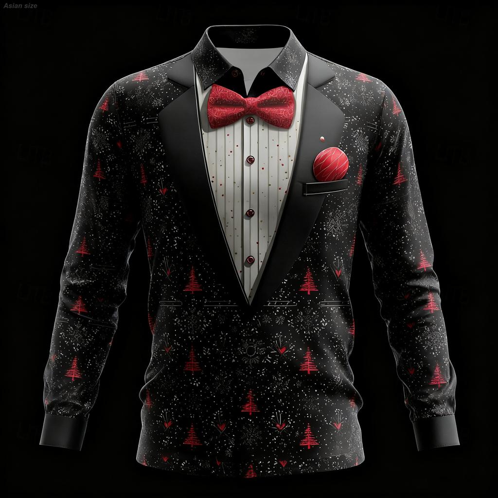 Christmas Men's Fake Suit 3D Printed Tailcoat design Long Sleeve Shirt Funny Button-up Shirts For Men Christmas Party Wear