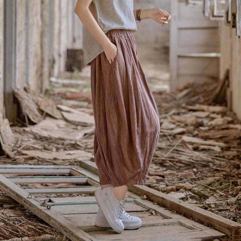 Johnature Women Vintage Wide Leg Pants Elastic Waist Solid Color Trousers Summer Loose Casual Female Pants