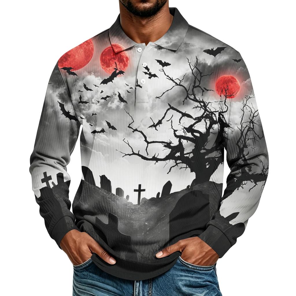 Men's Casual Halloween Print Long Sleeve Shirt Loose Fit