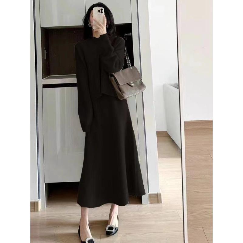Autumn and winter two-piece suit versatile and thin dress age-reducing knitted cardigan medium and long skirt sweater women