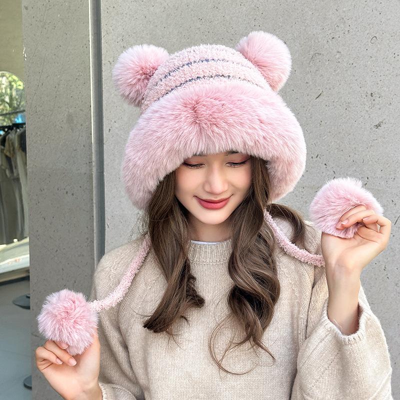 

Милая осенне-зимняя уличная вязаная шапка, флисовая утолщенная флисовая шерстяная шапка, защита ушей, женская термошапка розовый