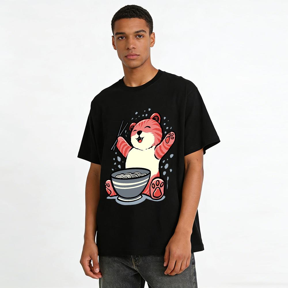 Cute Ramen Red Tiger Print Casual Loose Unisex Short Sleeve T-shirt Pure Cotton T-shirt