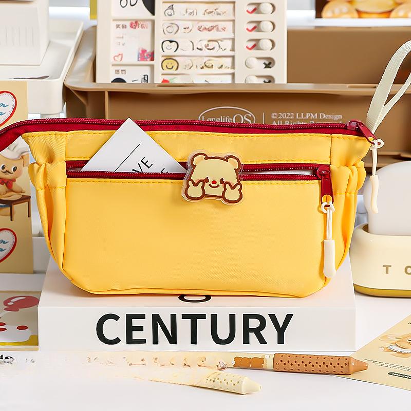 Cartoon Bear Retro Burger Color Blocked Pencil Bag Multi Functional Cute High Beauty Large Capacity Stationery Box Pencil Bag