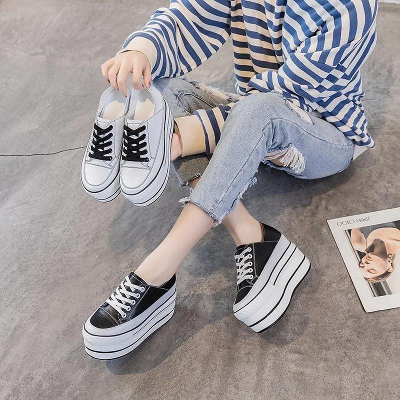 Mote Ekte Høyde Økt Superhøy Plattform Fritidssport Dame Fritidssko Kilehæl Økt Hæl Slip on Sneakers