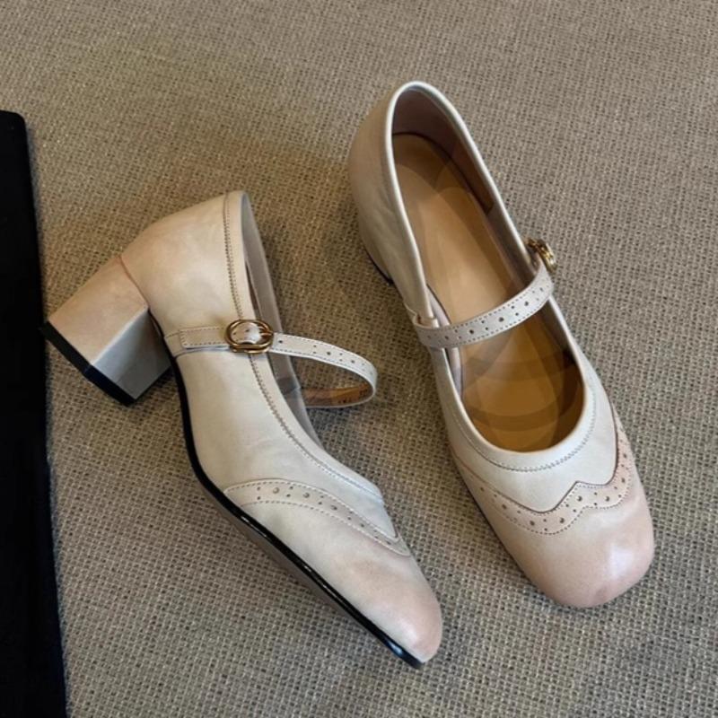 Fashion Ballet Marie Janes High Heels Shoes Women Square Toe Sandals Summer 2025 Shallow Retro Dress Trend Soft Leather Chunky Pumps