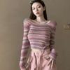 Nouveau Pull Tricoté Rétro d'Automne à Col Carré et Rayures Arc-en-ciel, Pull de Base Manches Longues pour Femme, Haut Court Ajusté