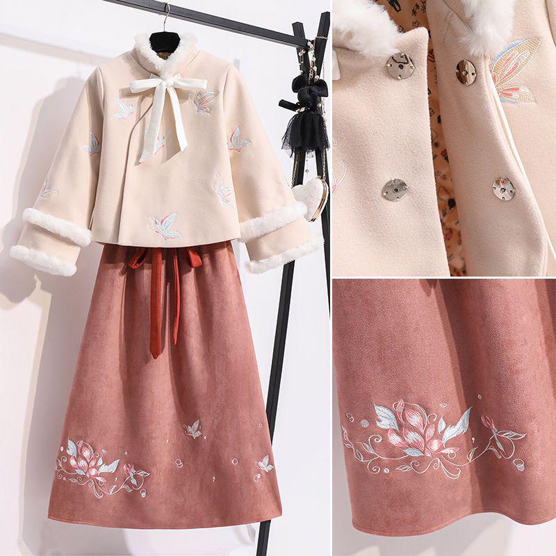 Шикарный Ретро Этнический Теплый Комплект: Топ и Юбка - Новый Китайский Стиль Коллекция Осень/Зима 2025 4XL