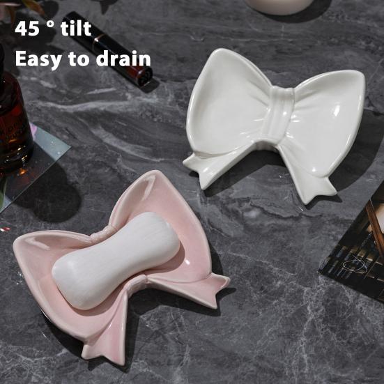 Bow Soap Dish Bathroom Ceramic Soap Holder with Self Draining No Water Accumulation Soap