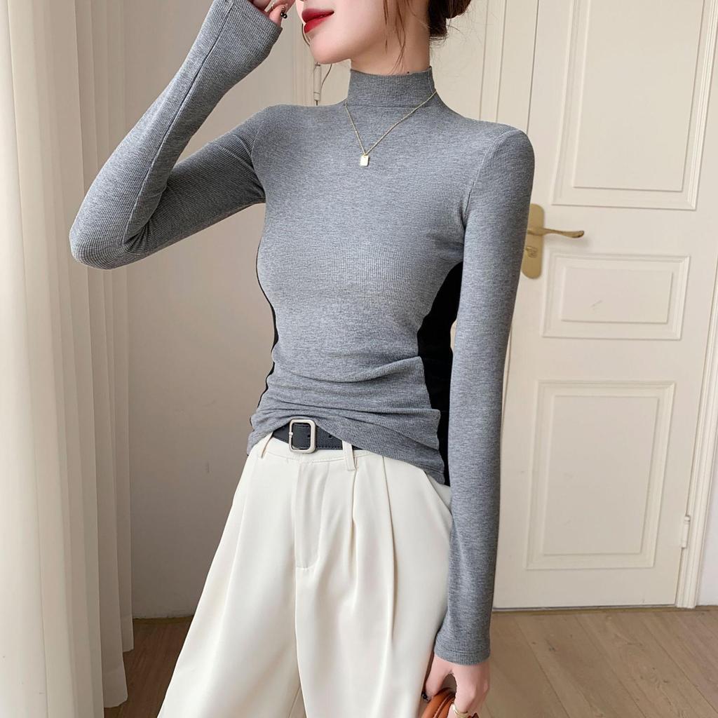 Women's Color Block Slimming Semi-High Neck Long Sleeve Top for Autumn/Winter