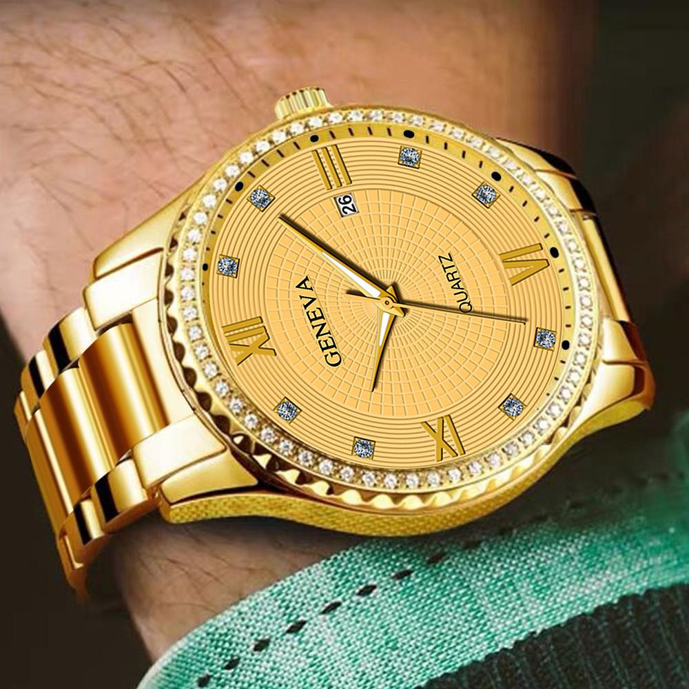 Pánské křemenné hodinky v korejském stylu s kamínky a kalendářem na řemínku pro business casual nošení