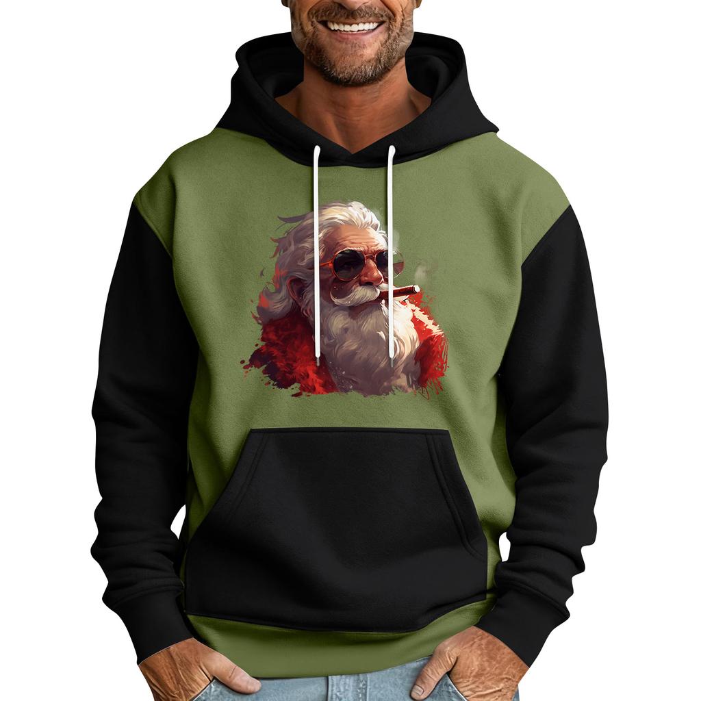 Чоловічий худі з різдвяним принтом, кольоровий блок, повсякденний спортивний комфортний світшот