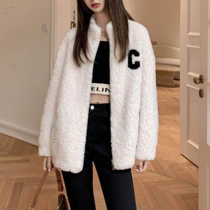 White coat women's autumn and winter new loose and versatile casual coral fleece stand-up collar zipper thickened fleece top