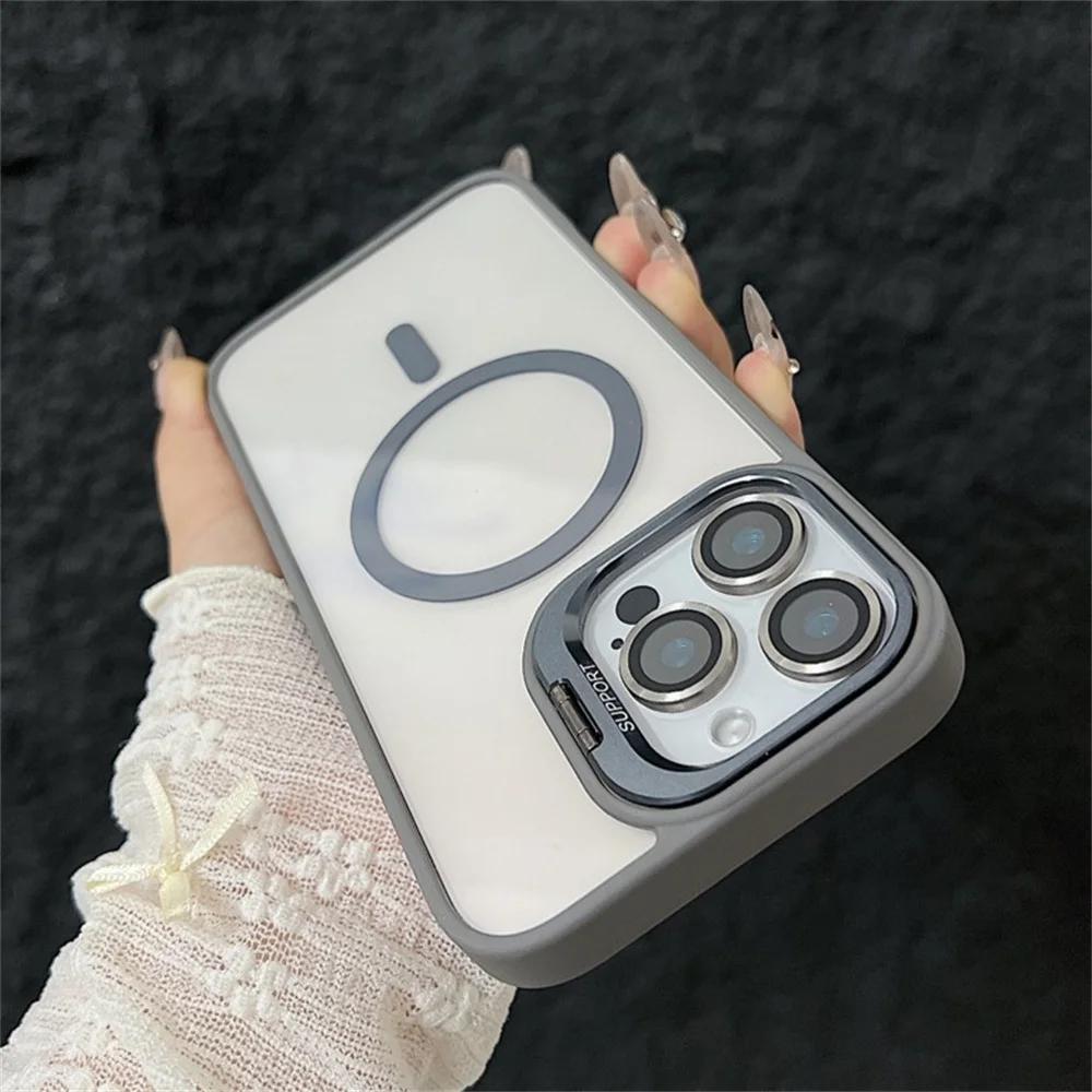 iPhone 16 15 14 13 12 11 Pro Max 16 Plus İçin Magsafe Standlı Manyetik Darbeye Dayanıklı Lüks Telefon Kılıfı Cam Lens Koruyucu Kapak