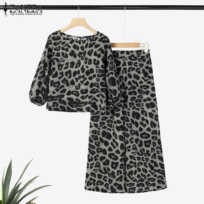 ZANZEA Bluză și pantaloni pentru femei, set de costum din două piese cu imprimeu leopard