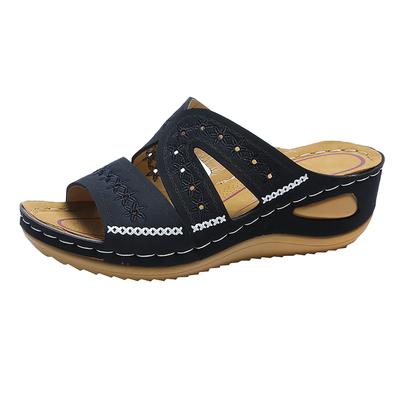 Pantoufles compensées pour femmes Sandales orthopédiques premium Broderies florales Été Bout ouvert Pantoufles vintage Chaussures plates décontractées Claquettes