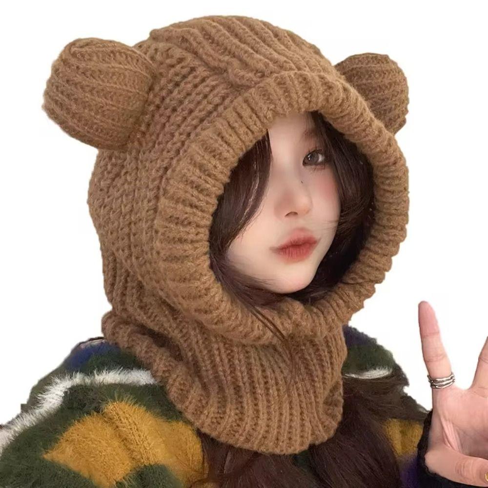 Bear Ear Balaclava Hat Solid Color Pullover Hat Fashion Knitted Hooded Beanie Hat  Female/Girls