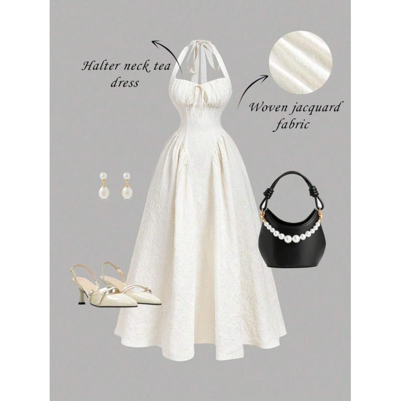 Europe, America 2026 summer new coffee break French elegant neck pleated bow dress women XS абрикосовый