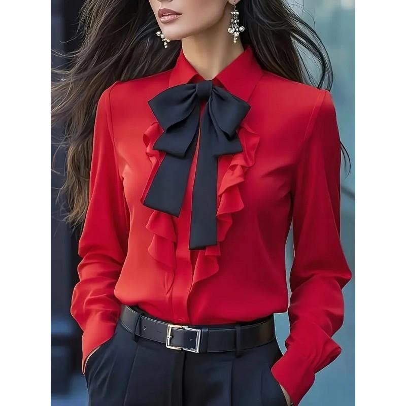 Womens Solid Color Long Sleeve Blouse With Bow Tie Neck Ruffle Trim Office Chic Style
