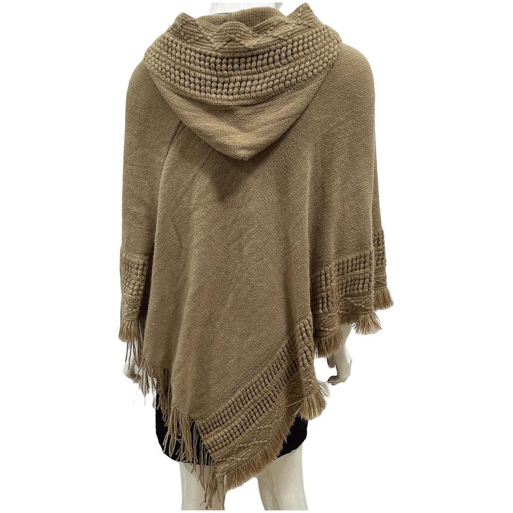 2023 Women's Solid Color Hooded Tassel Cutout Plus Size Slimming Cape Shawl