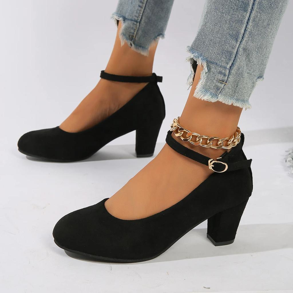 Fashion Women Pumps One-line Buckle Shallow Mouth High Heels 2025 New Thick Heels Women Shoes Large Size Work Shoes Zapatos De Mujer