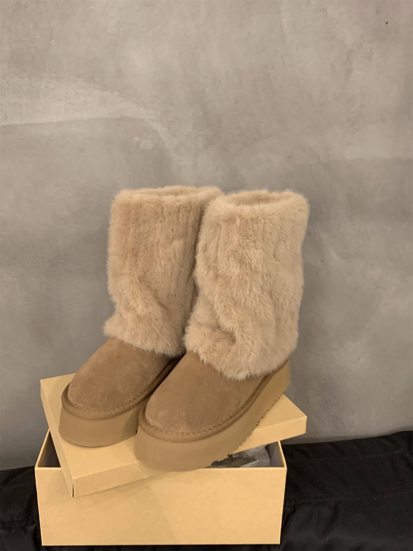 

Wool version~ fashionable round head fluffy splicing warm and heightening thick-soled snow boots women s genuine leather velvet cotton shoes cotton bo 40