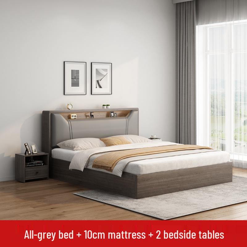 Modern Minimalist Solid Wood Panel Bed - Double (1.8m) or Single (1.2m) for Master Bedroom or Rental Room