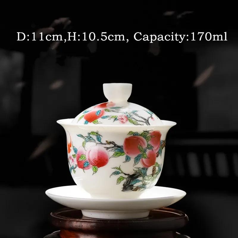 Tea Gaiwan Tea Cup White Jade Ceramic Teacup Peach Pattern Bowl Shaped Tureen Chinese Kung Fu Teaware Gift Drinkware
