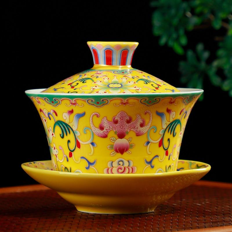 

WSHYUFEI Jingdezhen Porcelain Gaiwan Exquisite Enamel Color Tea Bowl with Saucer Lid Kit Handmade ceramics Teaware 280ml 280ml
