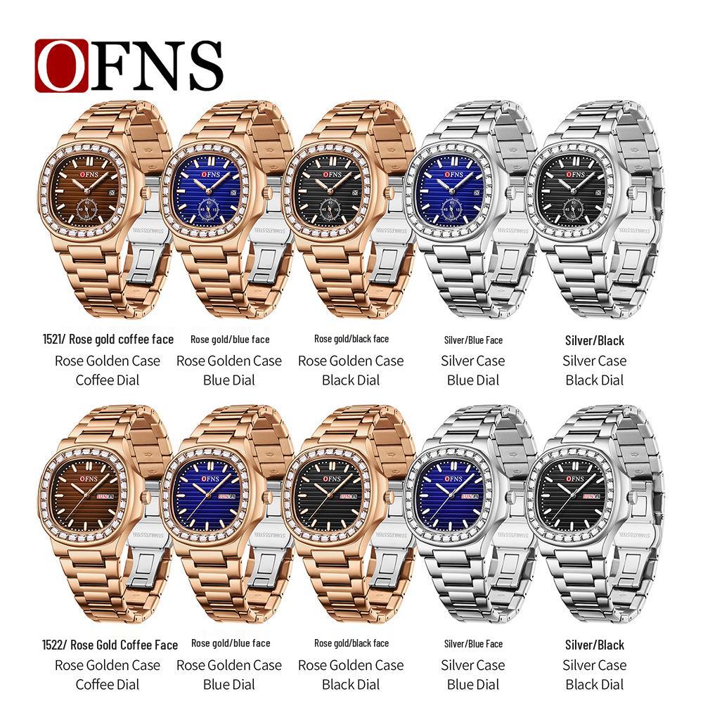 OFNS Men's Classic Quartz Watch: Square Diamond-Inlaid Dial, Dual Calendar, Waterproof, Two-Hand Design