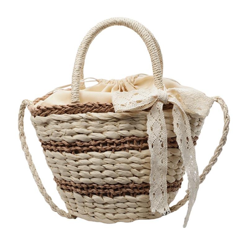 

2025 Summer Rattan Shoulder Crossbody Bags For Women Weaving Beach Vacation Handbags Ladies Vintage Travel Holiday BucketBag 19-28-11CM бежевый