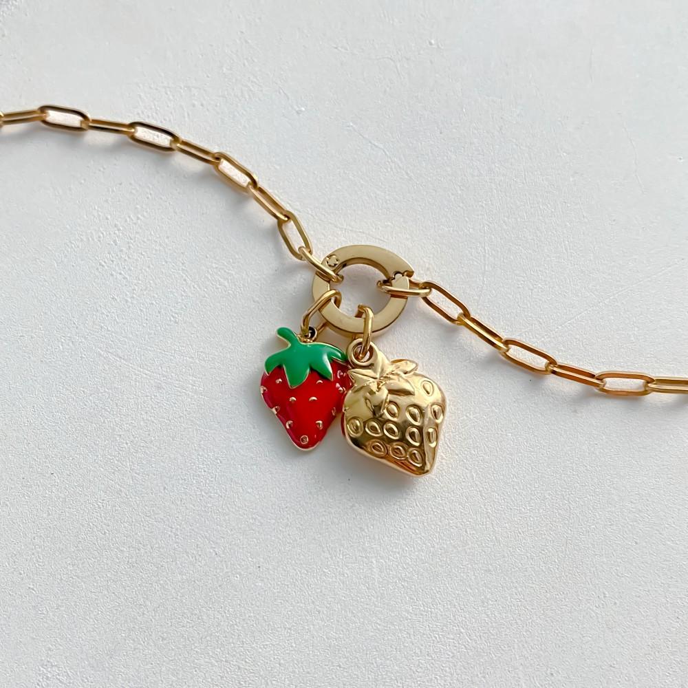 eManco Gold Plated Stainless Steel Enamel Pineapple Strawberry Cherry Banana Orange Apple DIY Charm Paperclip Necklace
