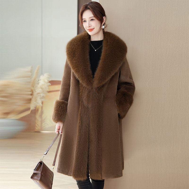 Autumn and winter new padded imitation leather long coat imitation mink fur coat big fur collar woman