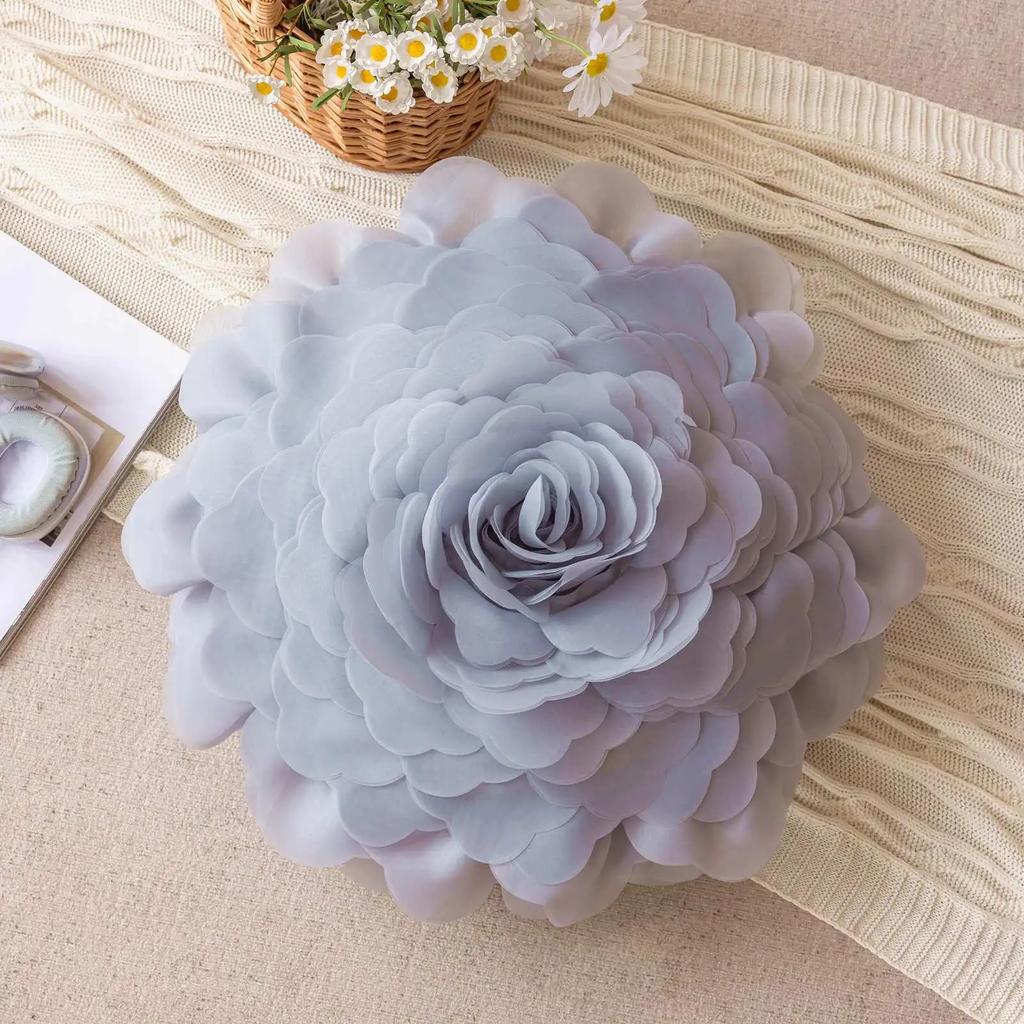 Flower Cushion Cover 55cm Stereoscopicl Organza Flower Pillowcase Round Luxury Cushion Princess Style Sofa Home Decoration