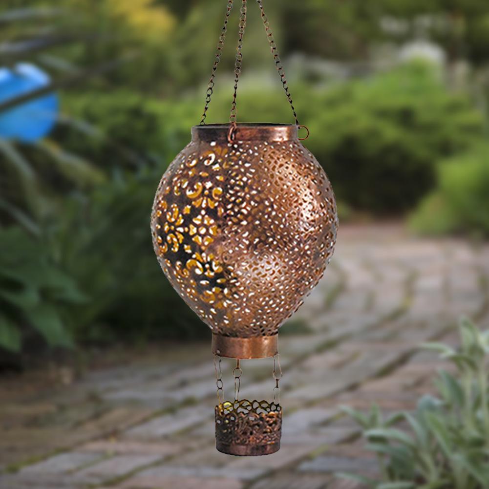 Solar Decorative Night Light 600mAh Metal Glowing Hollow Lantern Iron Retro Hot Air Balloon Light for Indoor Outdoor Garden Yard