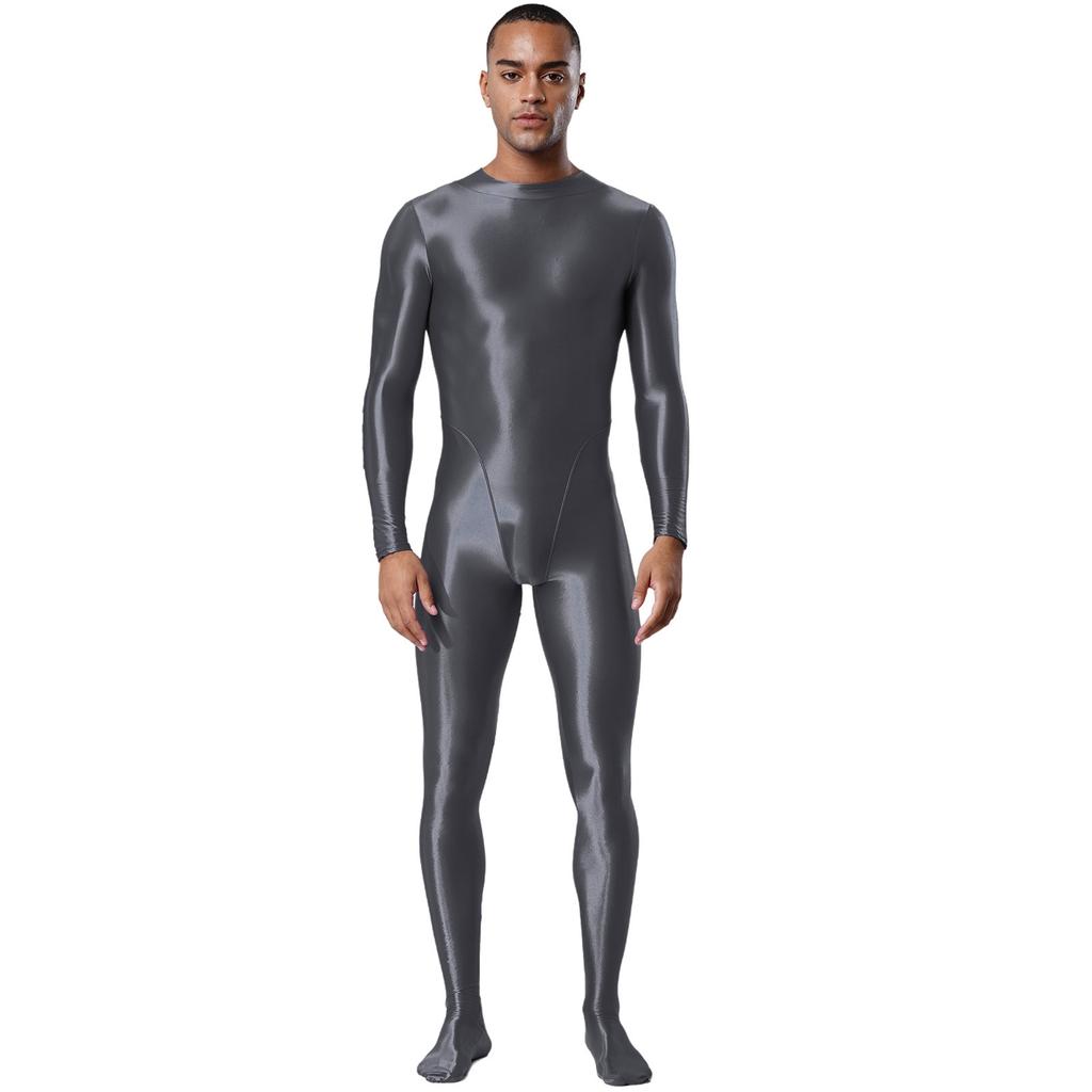 Pánský průhledný body s rolákem, dlouhým rukávem, s chodidly, jednodílný overal, lesklý, klubový, oblečení na spaní