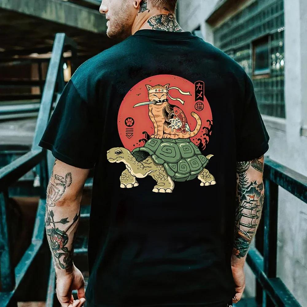 Cartoon Anime Samurai Cat Printed T Shirt For Men Outdoor Hip Hop Harajuku Vintage Clothes Casual O-neck Loose Short Sleeve Tees