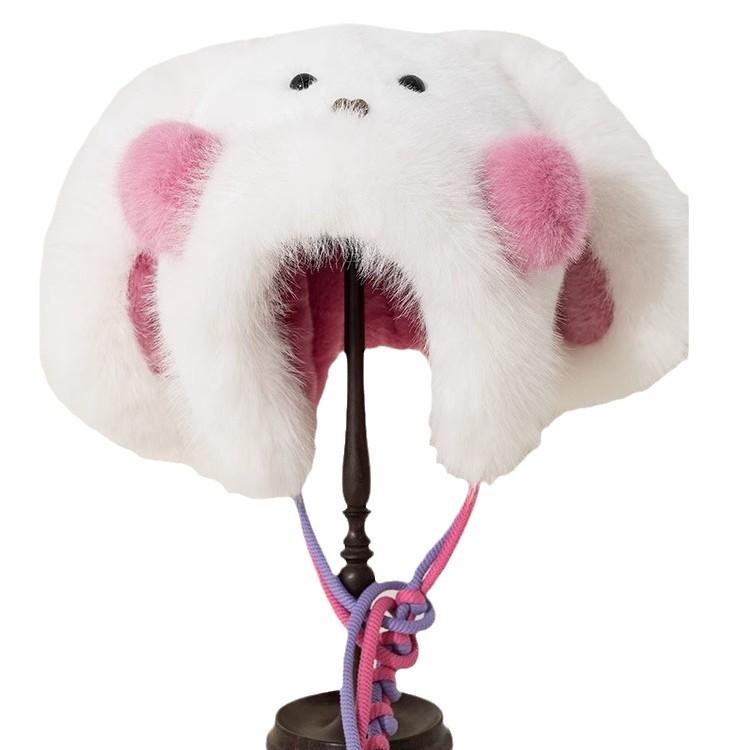New Versatile Cute Long Ear Blush Rabbit Plush Hat for Women In Autumn and Winter Cold Protection and Warm Ear Protection Lei Feng Hat
