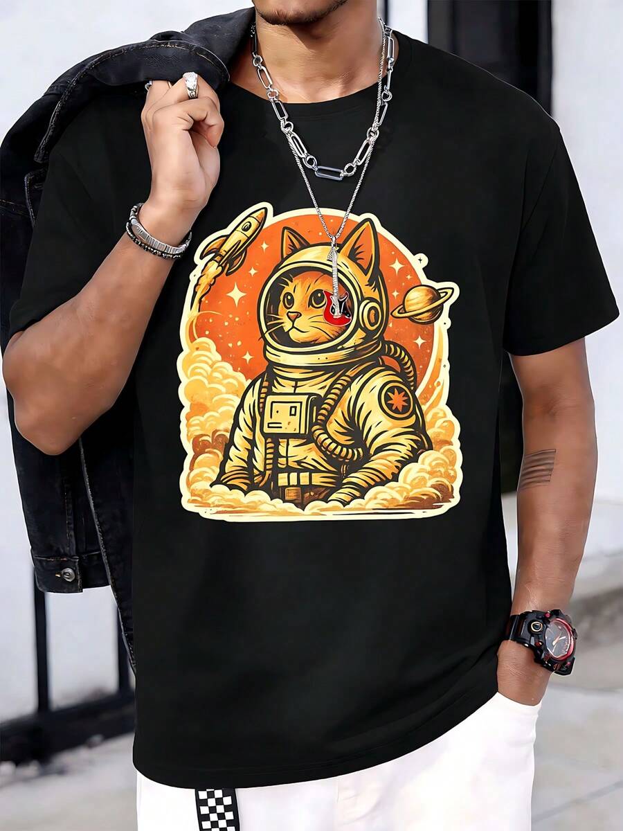 

Space Cat Astronaut Graphic T-Shirt In Soft Cotton, Relaxed Fit, Casual, Comfortable, Unique Graphic Print, New Release 5XL різнокольоровий