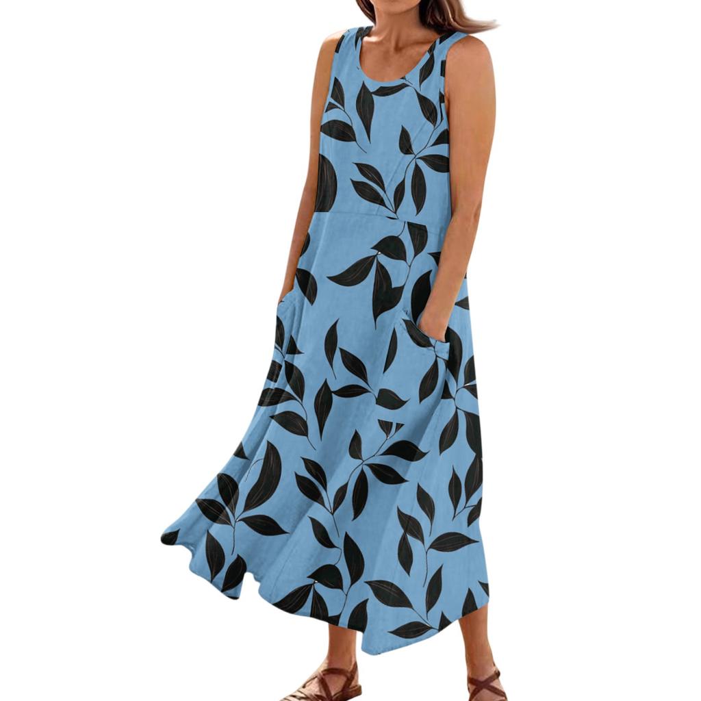 Women's Summer Casual Fashion Flower Printed Sleeveless Pocket Dress