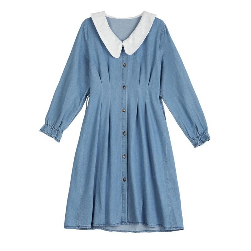 

Весна и осень 2025 новая джинсовая рубашка-платье с кружевной отделкой и длинными рукавами женское свободное и стройнящее платье с большим отложным воротником Large size average size светло-синий